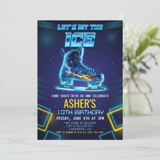 Neon Glow Schaatsen Verjaardag Uitnodiging (Staand voorkant)