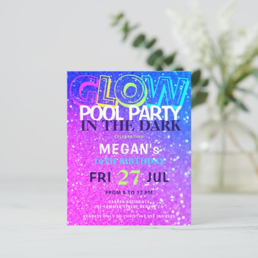Neon glow tiener budget verjaardagsfeest uitnodigi (Staand voorkant)