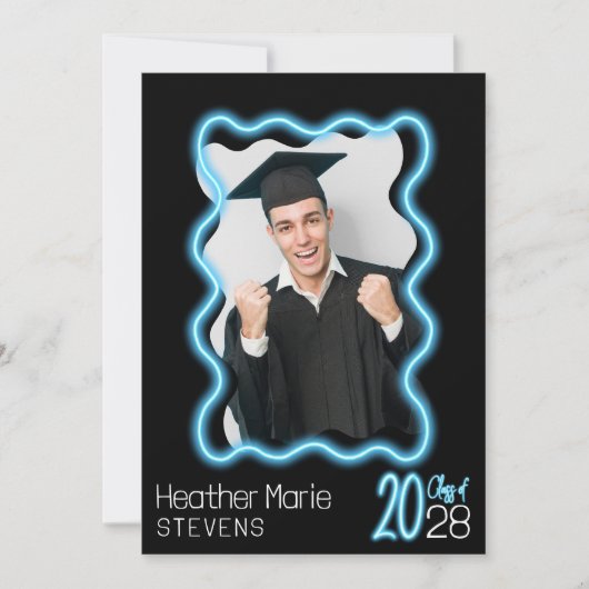 Neon Glow Wavy Border Foto Afstudeerfeest Kaart (Voorkant)