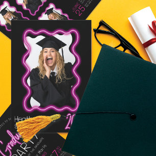 Neon Glow Wavy Border Foto Afstudeerfeest Kaart