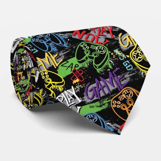Neon Graffiti Gaming Patroon Stropdas (Opgerold)