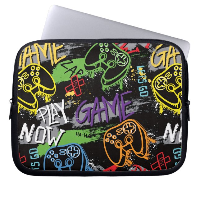 Neon Graffiti Gaming Pattern Laptop Sleeve (Voorkant)