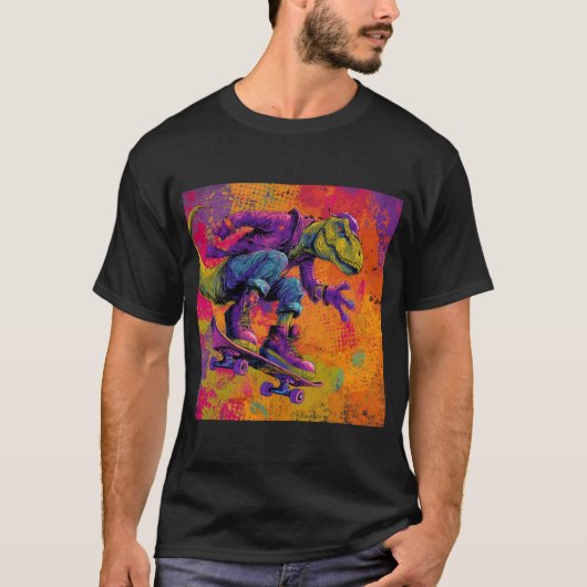 Neon Graffiti T-Rex Skate Trick T-shirt (Voorkant)