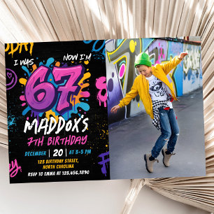 Neon Graffiti Zes Zeven Kinderen 7e Verjaardag Fot Kaart