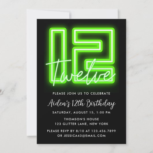 Neon Green 12e anniversaire Invitation (Devant)