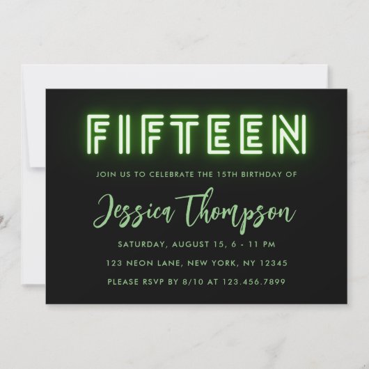 Neon Green 15th Birthday Invitation Kaart (Voorkant)