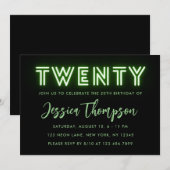 Neon Green 20th Birthday Invitation Kaart (Voorkant / Achterkant)