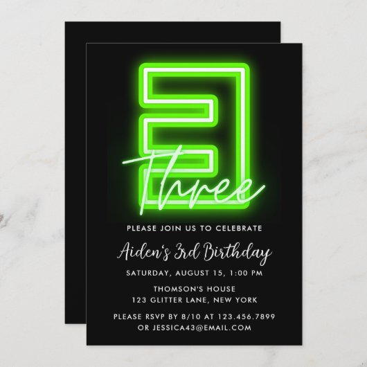 Neon Green 3rd Birthday Uitnodiging (Voorkant / Achterkant)