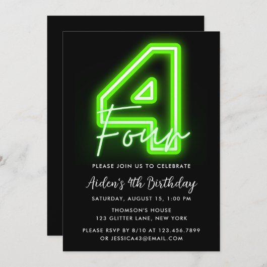 Neon Green 4th Birthday Invitation (Devant / Derrière)