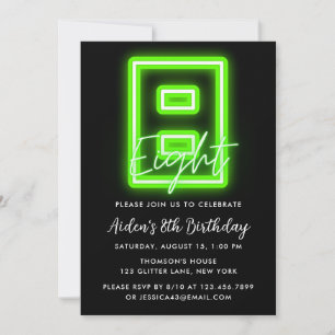 Neon Green 8th Birthday Invitation Kaart