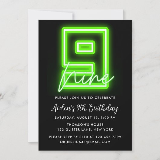 Neon Green 9th Birthday Invitation Kaart (Voorkant)