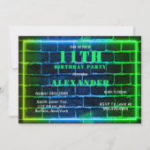 Neon Green Blue Brick 11th Birthday Party Invite (Voorkant)