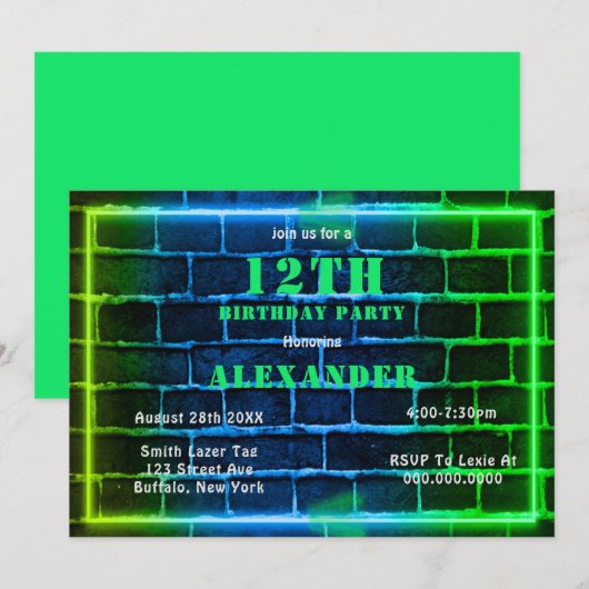 Neon Green Blue Brick 12th Birthday Party Invite (Voorkant / Achterkant)
