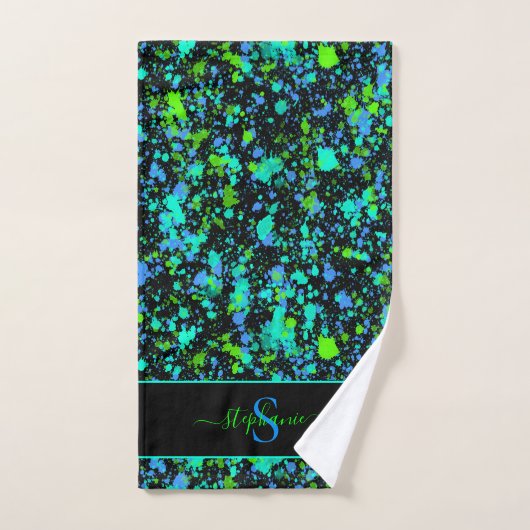 Neon Green Blue Paint Splatter Monogram Retro Bad Handdoek (Handdoek)