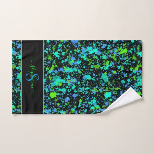 Neon Green Blue Paint Splatter Monogram Retro Bad Handdoek (Handdoek)