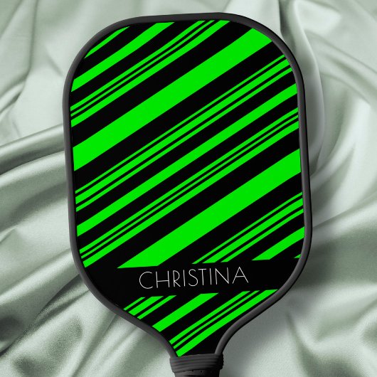 Neon Green en Black Stripes Modern Custom Name Pickleball Paddle