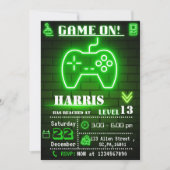 Neon Green Gamer Invitation de fête d'anniversaire (Devant)
