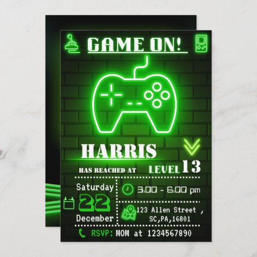 Neon Green Gamer Invitation de fête d'anniversaire (Devant / Derrière)