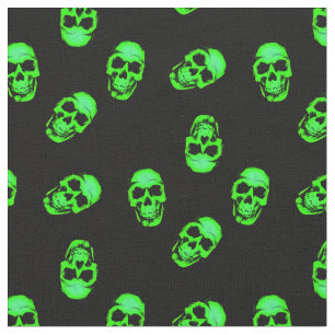 Neon Green Human Skull Pattern op Black Stof