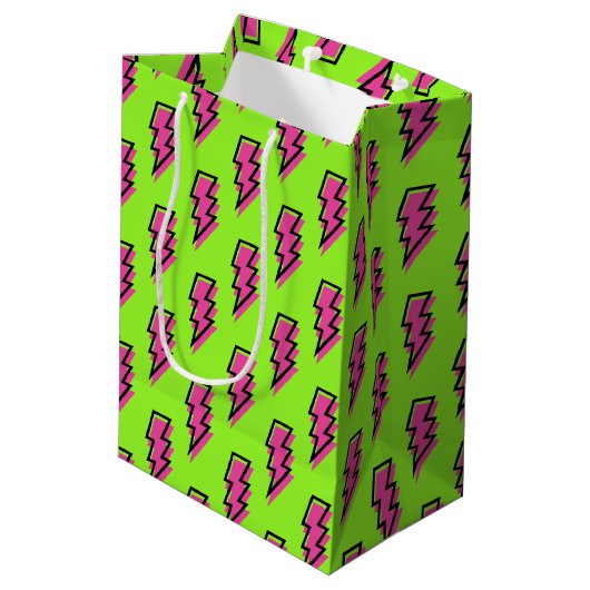 Neon Green & Pink Lightning Bolt Pattern (80/90) Medium Cadeauzakje (Achterkant Gekanteld)