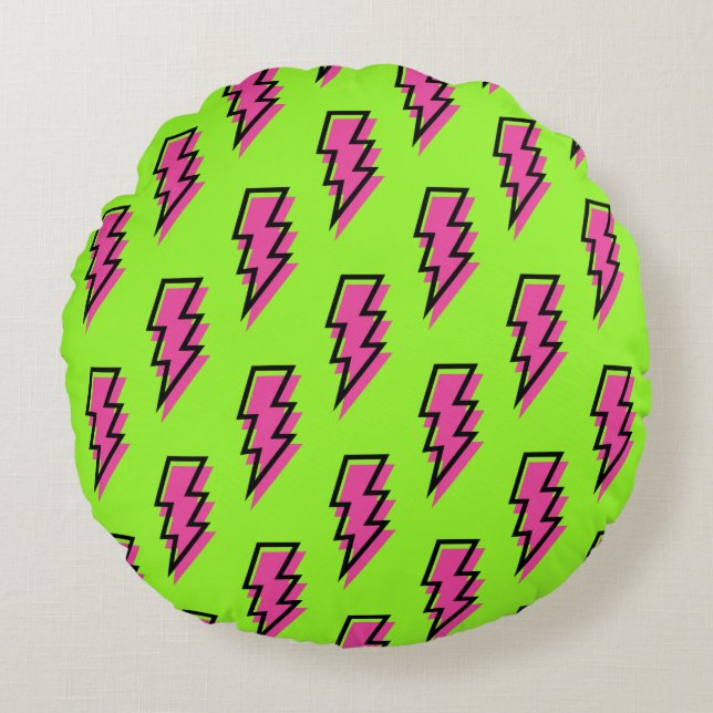 Neon Green & Pink Lightning Bolt Pattern (80/90) Rond Kussen (Voorkant)