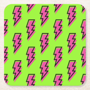 Neon Green & Pink Lightning Bolt Pattern (80/90) Vierkante Kartonnen Onderzetter