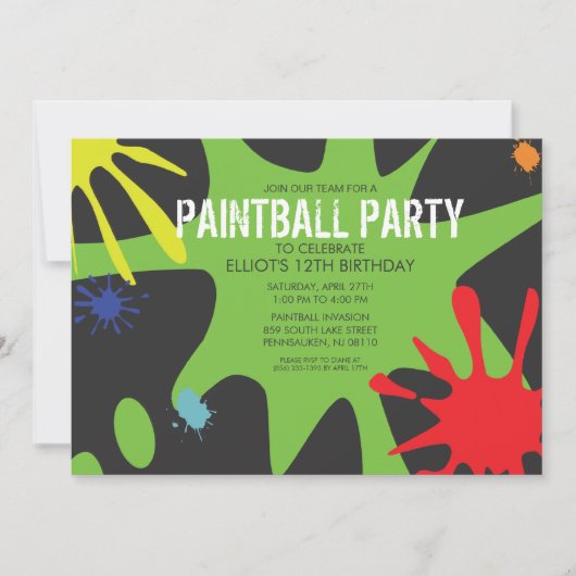 Neon Green Split Splat Custom Paintball Party Kaart (Voorkant)