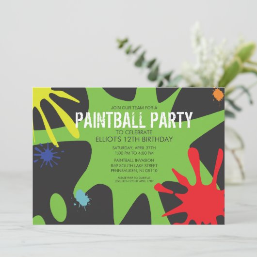 Neon Green Split Splat Custom Paintball Party Kaart (Staand voorkant)
