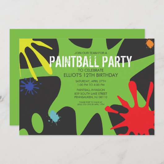 Neon Green Split Splat Custom Paintball Party Kaart (Voorkant / Achterkant)