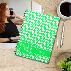 Neon Green White Houndstooth   Modern monogram Notitieboek