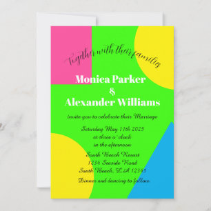 Neon Green Yellow Pink Blue Modern Retro Wedding Kaart