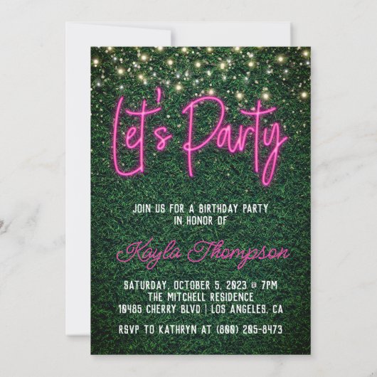 Neon Greenery Green Wall Let's Party Invitation Kaart (Achterkant)