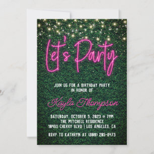 Neon Greenery Green Wall Let's Party Invitation Kaart