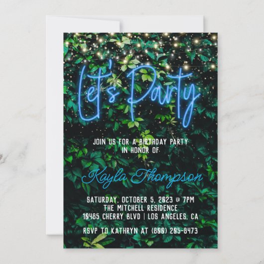 Neon Greenery Green Wall Let's Party Invitation Kaart (Achterkant)