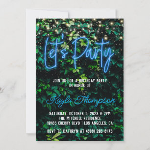 Neon Greenery Green Wall Let's Party Invitation Kaart