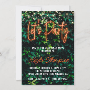 Neon Greenery Green Wall Let's Party Invitation Kaart