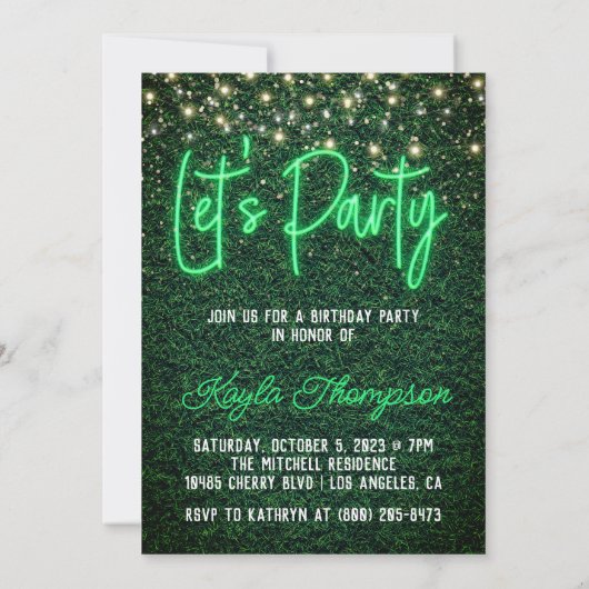 Neon Greenery Green Wall Let's Party Invitation Kaart (Achterkant)
