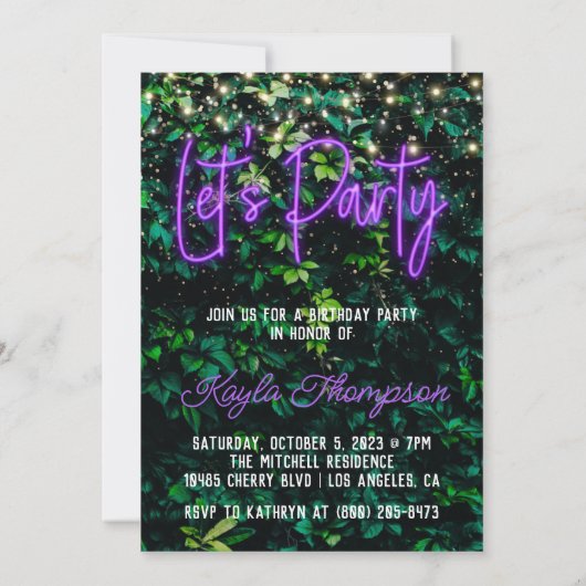 Neon Greenery Green Wall Let's Party Invitation Kaart (Achterkant)