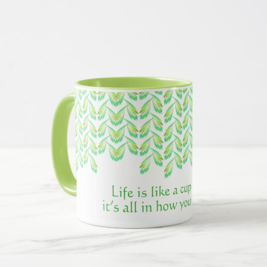 Neon groen blad - fractal kunst, Iers gezegde, Mok (Voorkant links)