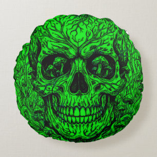 Neon Groen Bos Schedel - Psychedelische Paddenstoe Rond Kussen
