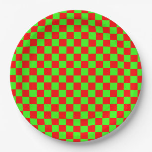 Neon Groen en Rood Geruite Checkerboard  Papieren Bordje