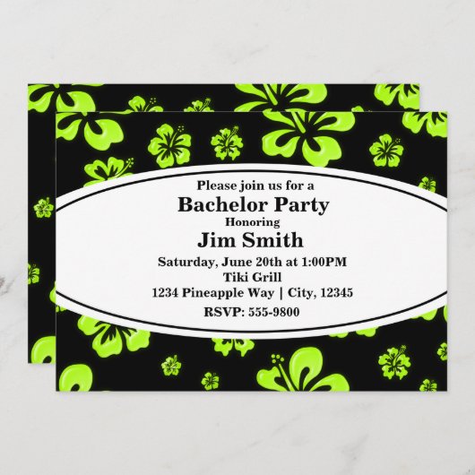 Neon Groen Geel Hibiscus Bloemen Zwart Uitnodiging (Voorkant / Achterkant)
