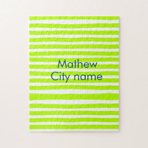 Neon groen geel retro strepen voeg naam stad toe legpuzzel