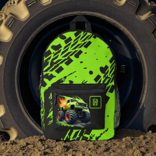 Neon Groen Monster Truck Jongens Monogram Bedrukte Rugzak