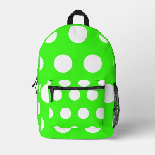 Neon groen wit grote polka stippen bedrukte rugzak (Voorkant)