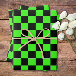 Neon Groen Zwart Geruit Dambord Vintage Inpakpapier Vel