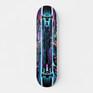 "Neon Hacker: cyberpunk-stadsgezicht Skateboard