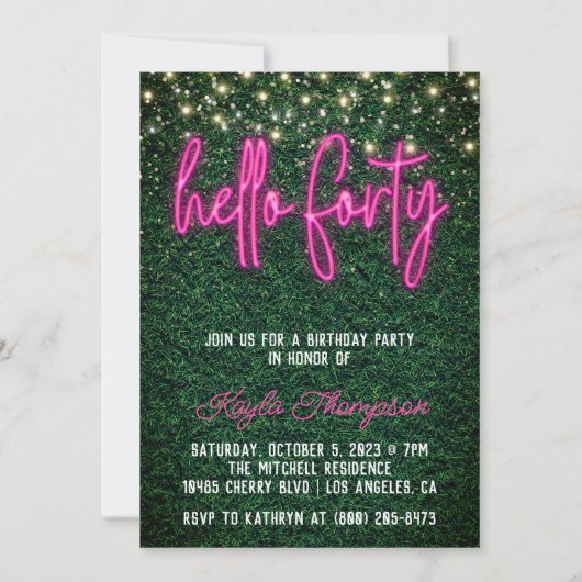 Neon Hallo 40th Birthday Party Invitation Kaart (Achterkant)