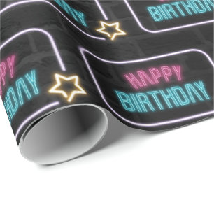 Neon Happy Birthday Marquee op Brick Cadeaupapier