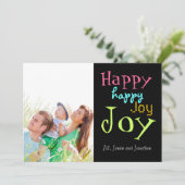 Neon Happy Joy Typography Carte photo de Noël (Debout devant)